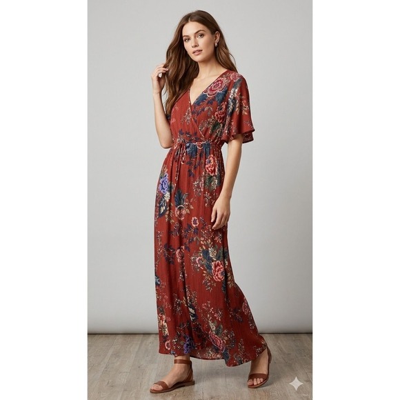 Others Follow Dresses & Skirts - Patrons of Peace‎ Rust Floral Crinkle Rayon Wrap Maxi Dress Womens Medium